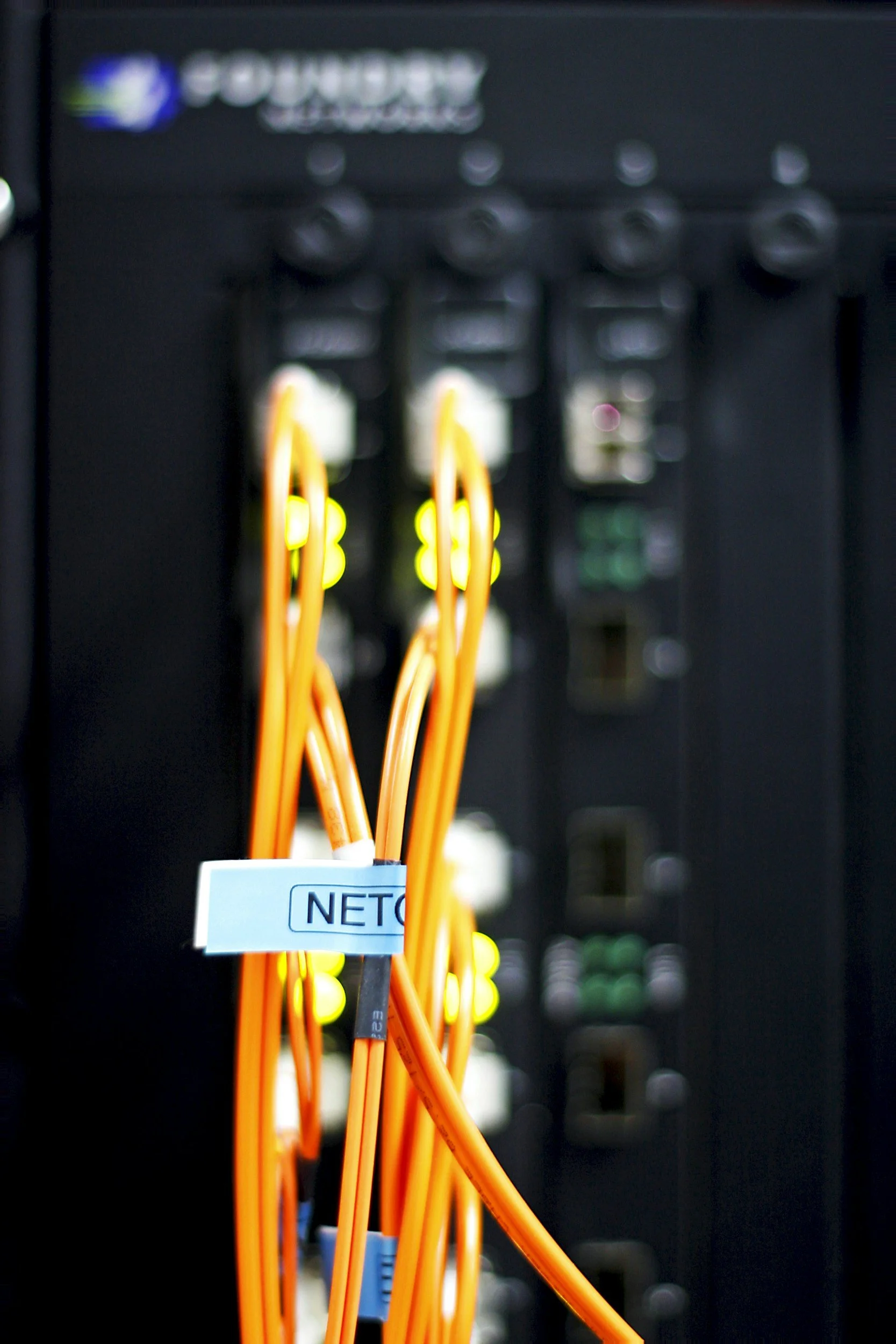 Close-up of an orange Ethernet cable plugged into a network equipment labeled 'NET' with blurry background of network panel and more Ethernet cables.