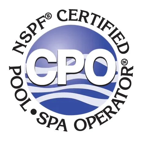 Logo for CPO, a certified spa operator by INSPF, featuring a blue circular background with white waves and bold white letters 'CPO' in the center, surrounded by black text.