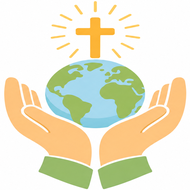 Two hands holding up a globe with a cross above it, surrounded by rays of light.
