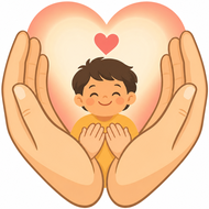 A smiling child with arms crossed in front of chest, inside a heart shape formed by large hands, with a small red heart above the child's head.