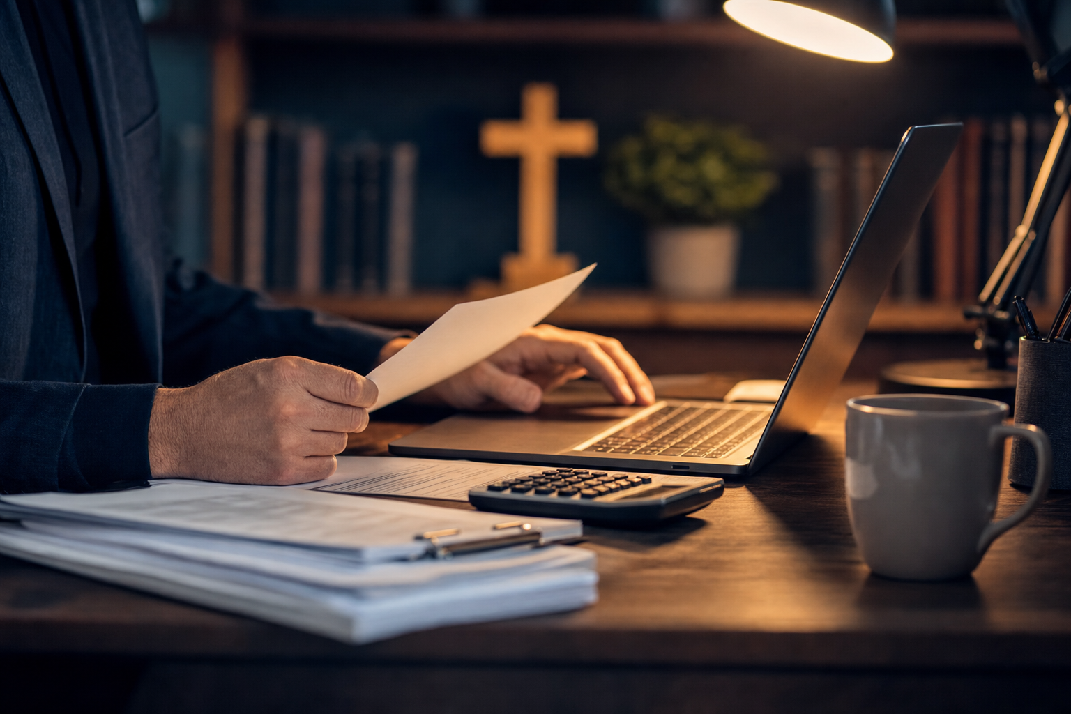 A person wearing a dark long-sleeve shirt sitting at a desk with a lit desk lamp, a computer, a calculator, some papers, a coffee mug, and a pen holder, with a cross and a potted plant in the background.