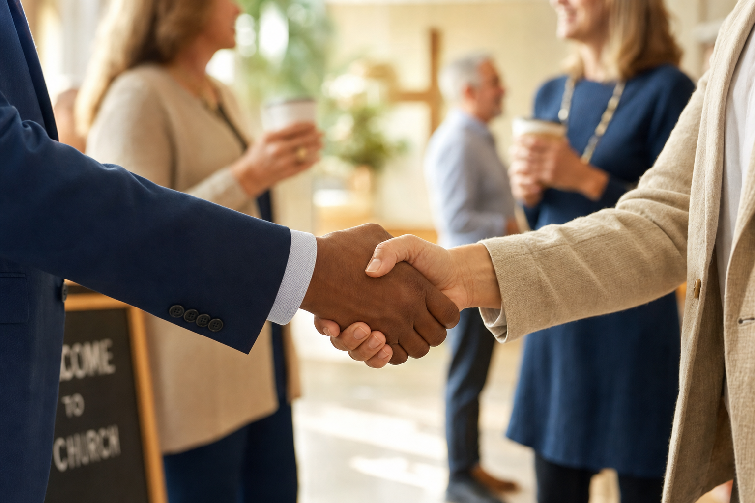 Two people shaking hands at a formal event with others holding coffee cups in the background.
