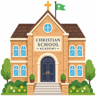 A Christian school building with a sign that reads 'Christian School Academy,' featuring a cross and a flag on the roof, surrounded by green bushes and trees.