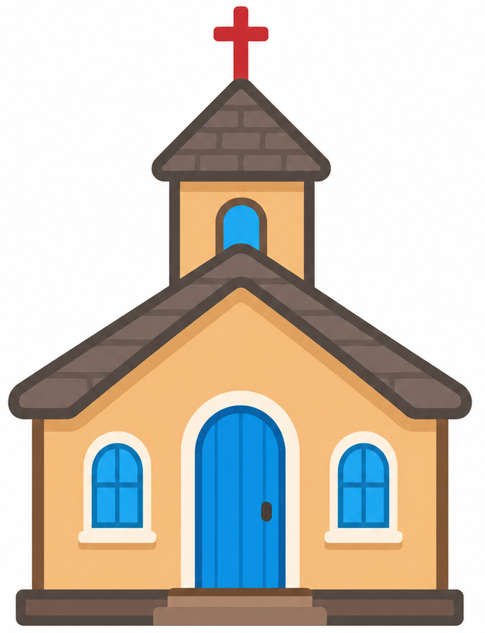 Cartoon illustration of a small church with a red cross on top, beige walls, a blue door, and two blue windows.