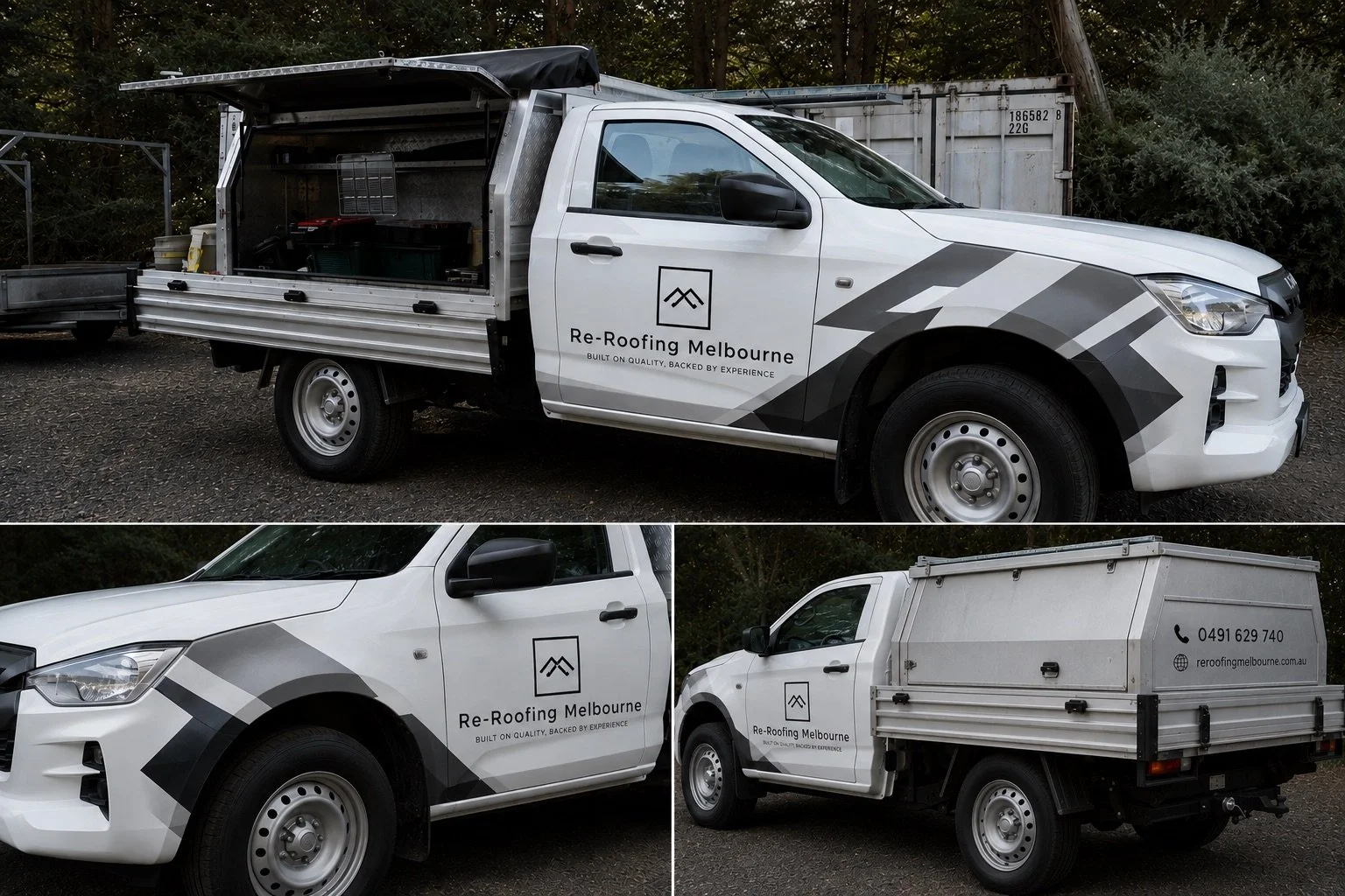 White utility truck with open storage area on the bed, parked on a gravel surface, branded with Re-Roofing Melbourne logo and contact information, surrounded by trees and a chain-link fence.