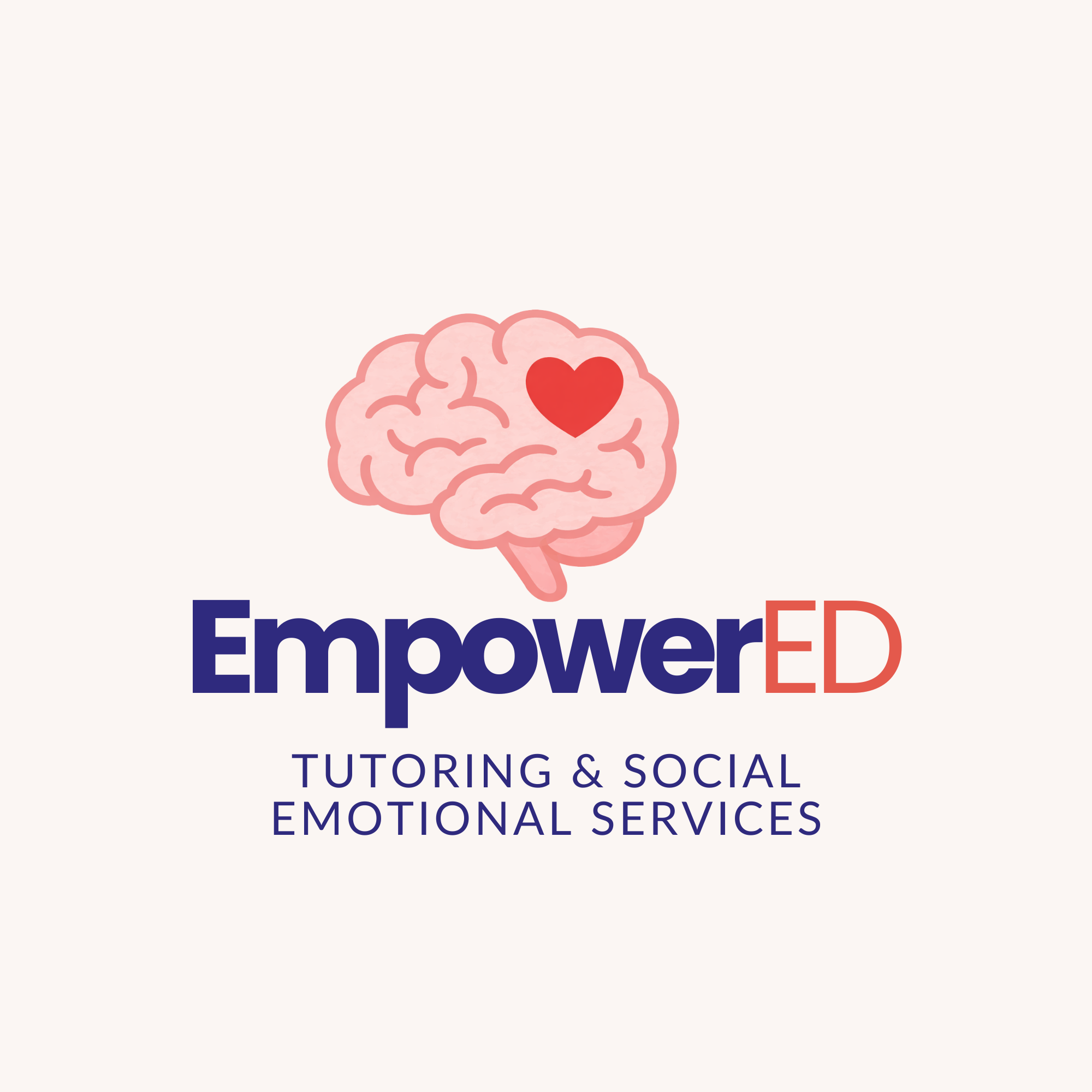 Logo for EmpowerED, a tutoring and social emotional services organization, featuring a pink brain with a red heart inside.
