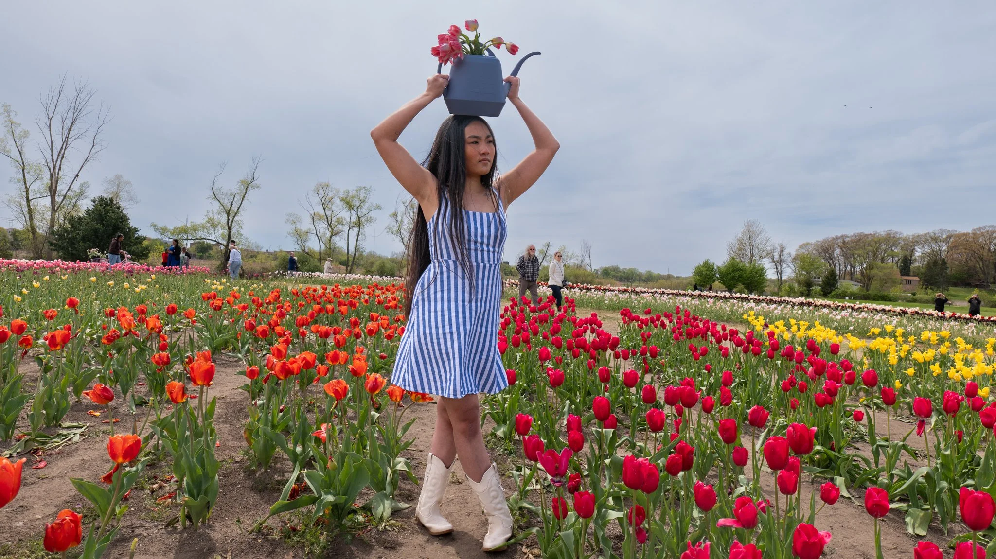A young woman with long dark hair, wearing a blue and white striped dress and white boots, stands in a field of colorful tulips holding a watering can with pink flowers on her head. There are other people in the background walking and taking photos a