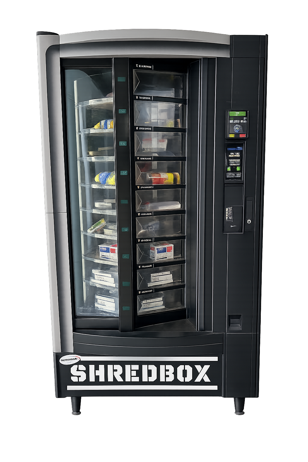 A vending machine labeled 'SHREDBOX' with various snacks inside and snack options on the right side.