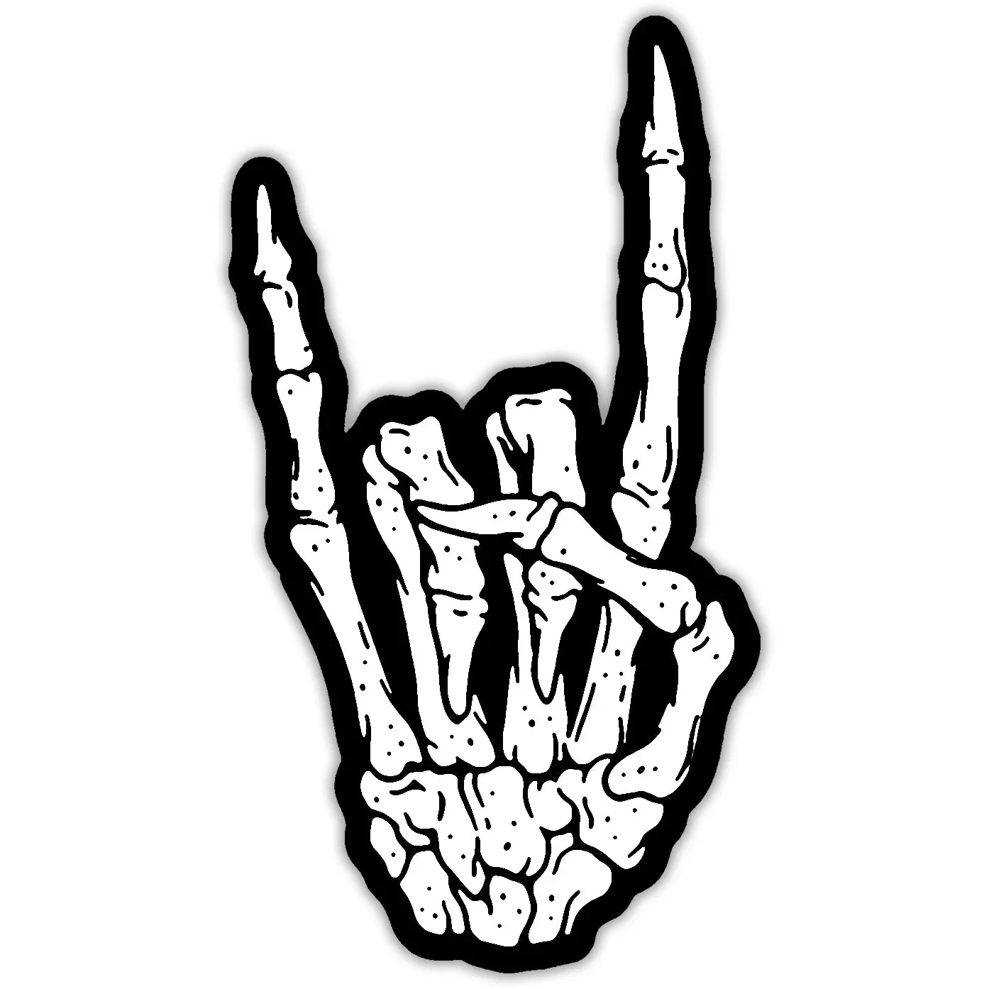 A black and white illustration of a skeletal hand making the rock on gesture with the index and pinky fingers extended and the middle and ring fingers folded down.