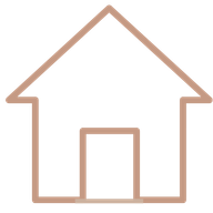 Outline of a simple house with a pitched roof, door, and windows.