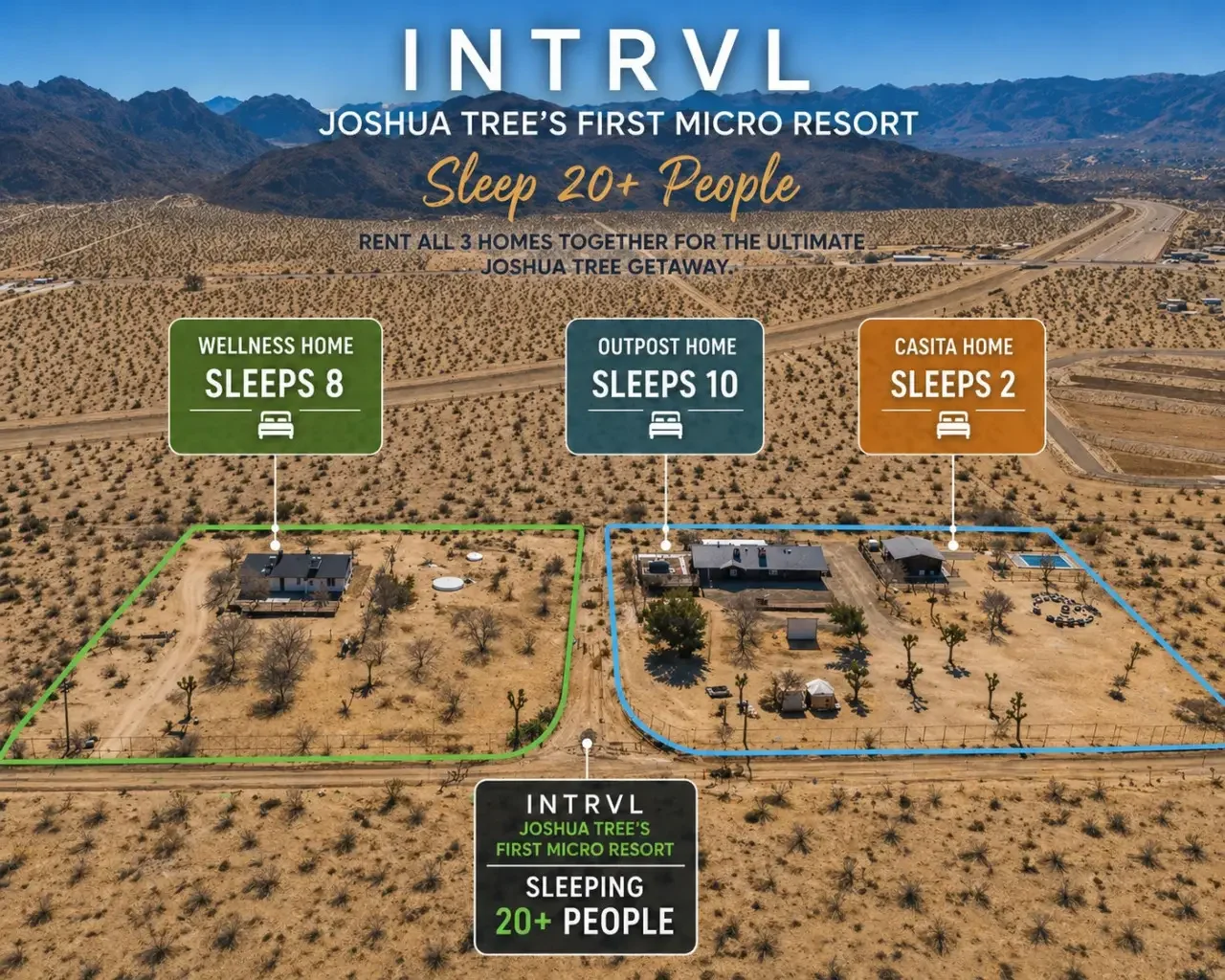 Aerial view of Joshua Tree desert with three rental homes labeled Wellness Home, Outpost Home, and Casita Home, indicating the sleeping capacities and organized by colored borders, promoting Joshua Tree's first micro resort for groups of 20 or more.