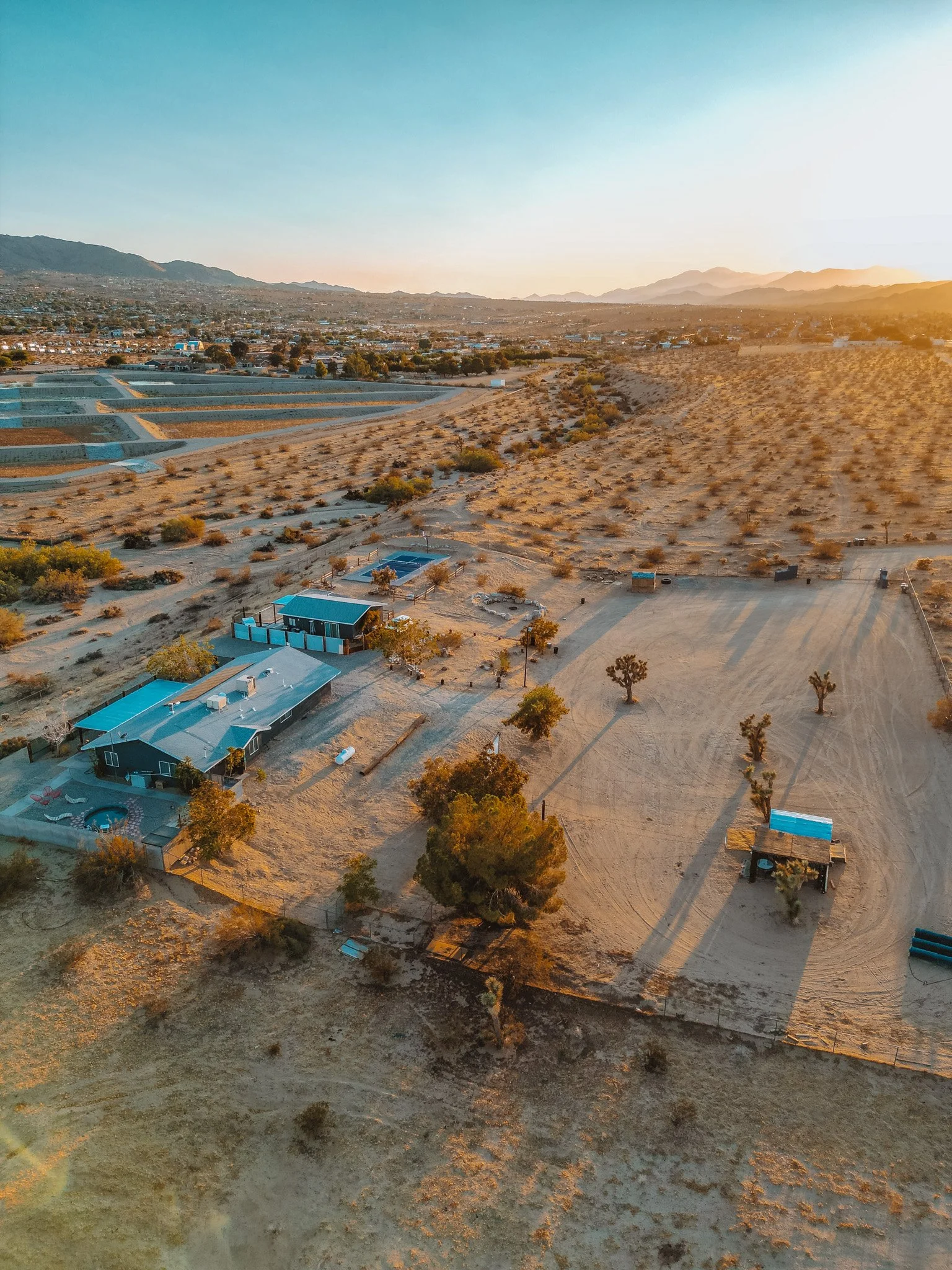 A desert landscape at sunset with sparse trees, small buildings with blue roofs, and mountains in the background.