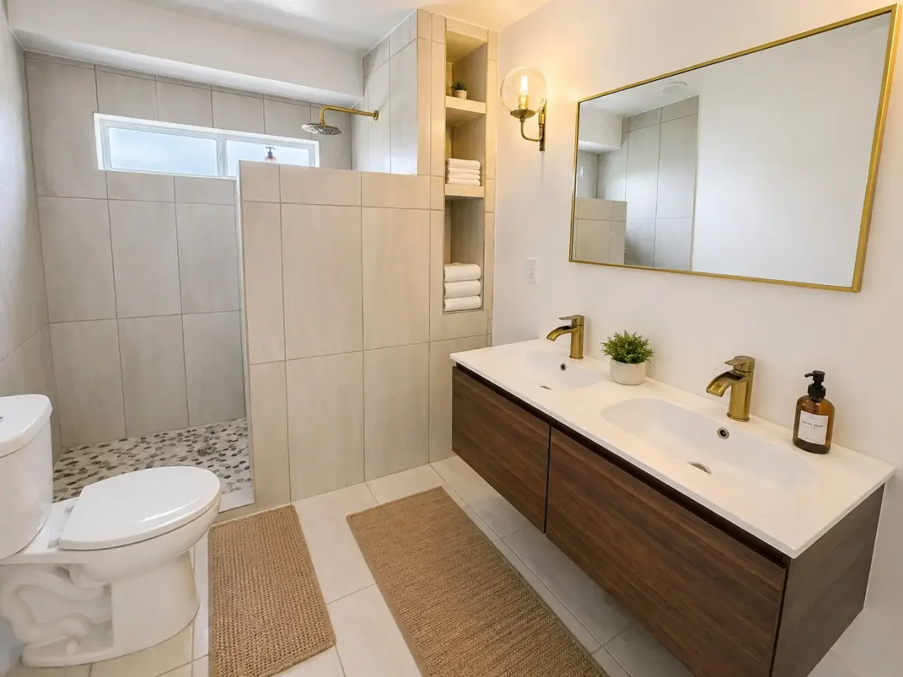 Modern bathroom with double vanity, gold faucets, large mirror, plant, shower area with rain showerhead, toilet, beige rugs, wall light, use of neutrals and gold accents