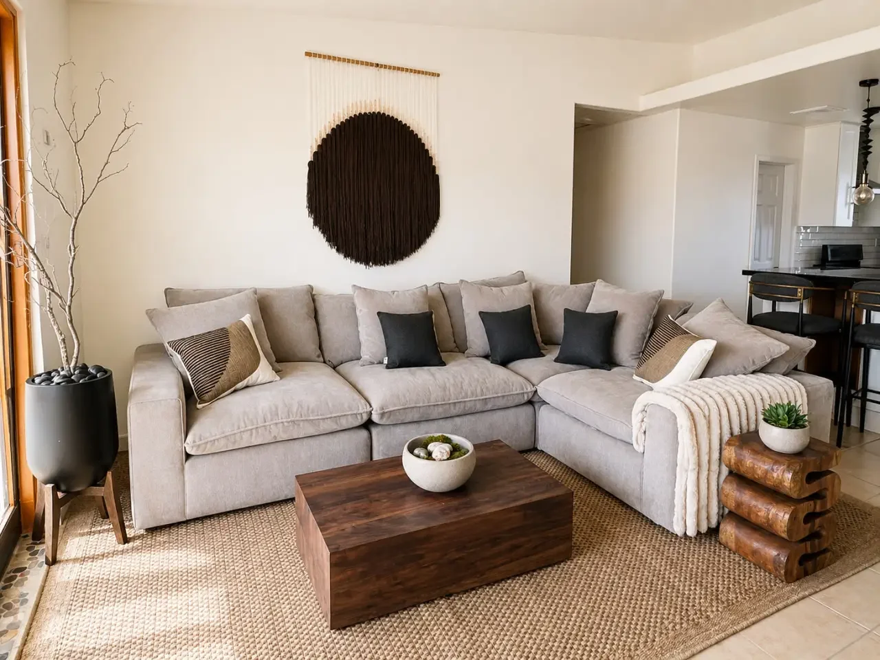 Living room with beige sectional sofa, decorative pillows, wooden coffee table, wall hanging art, potted plant, and bar area in the background.