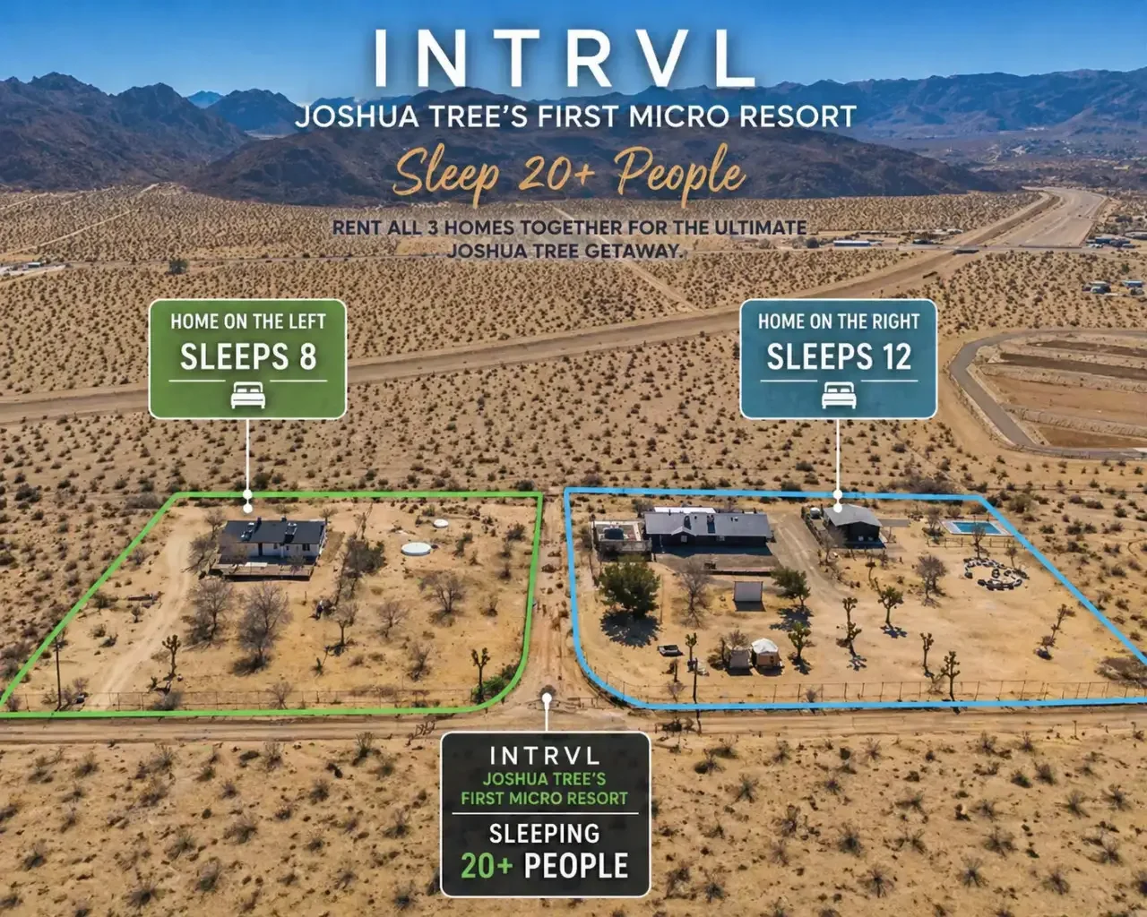 Aerial view of a desert landscape with two houses outlined in green and blue, indicating their sleeping capacities of eight and twelve people respectively, part of Joshua Tree's first micro resort named INTRVL.