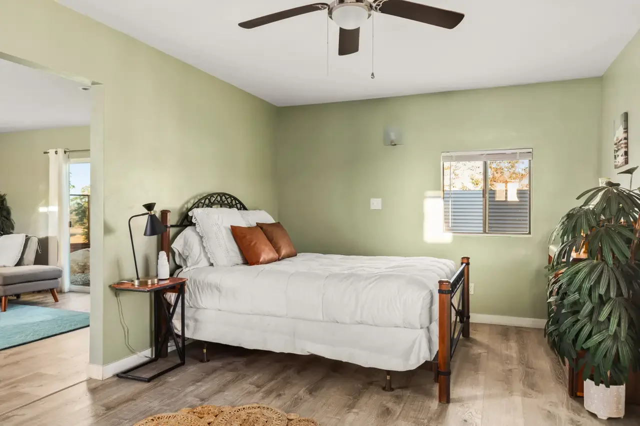 A bedroom with light green walls, a bed with white bedding and two brown pillows, a black and wood bedside table with a lamp, a window with sunlight, a potted plant, and a ceiling fan.