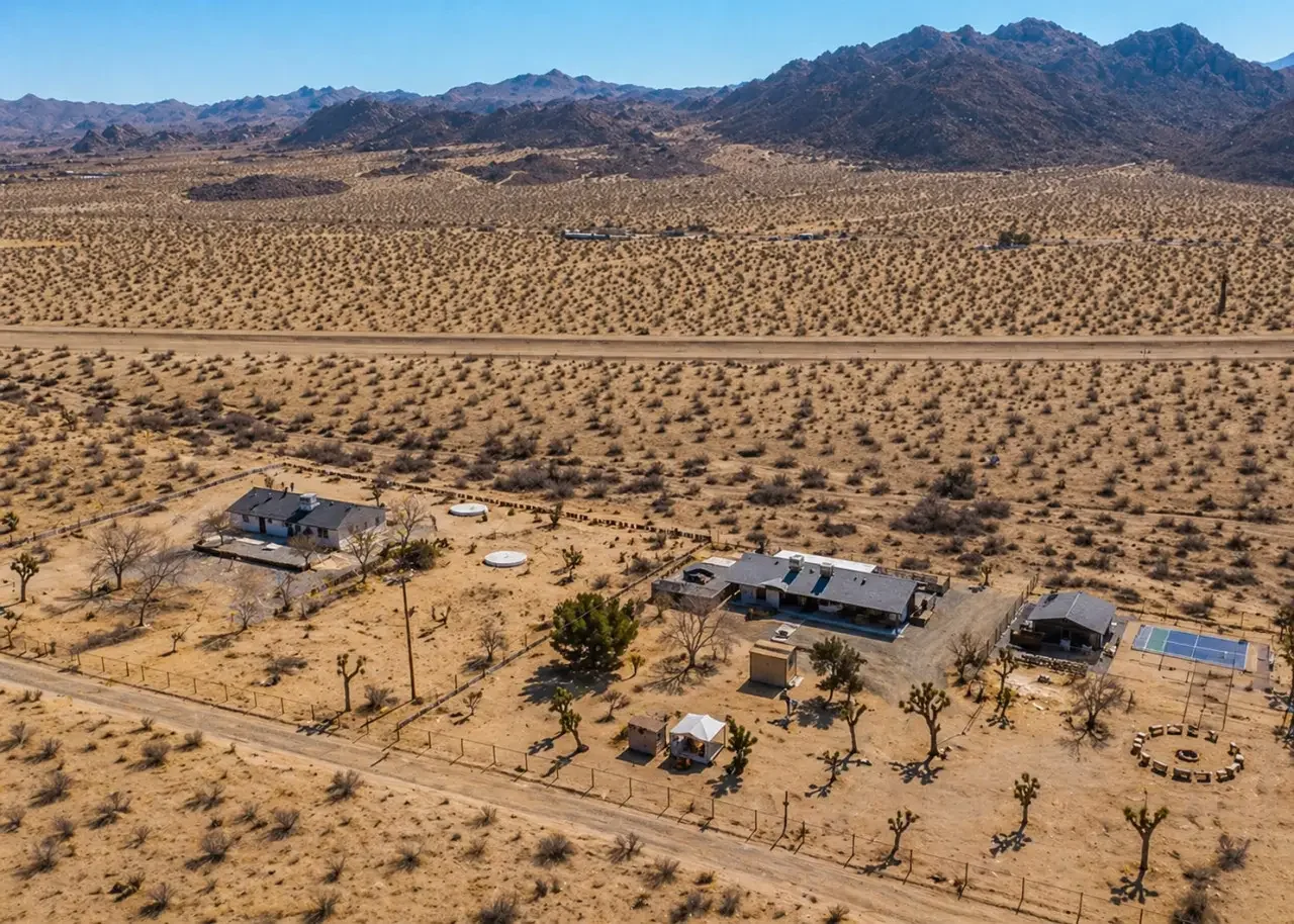 An aerial view of a desert landscape with two houses, sparse vegetation, and mountains in the background. One house has solar panels, and there is a circular arrangement of benches around a fire pit, along with a tennis court.