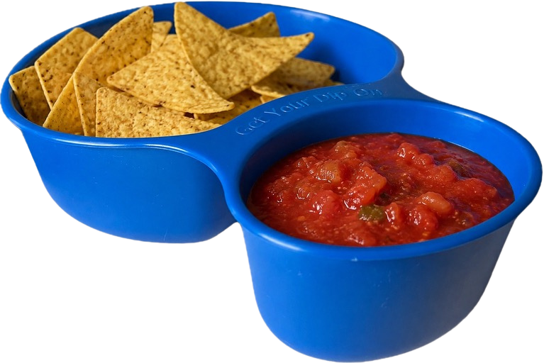 Blue divided snack bowl with tortilla chips in one compartment and salsa in the other.