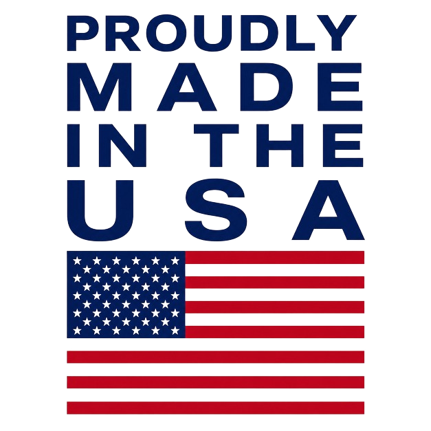 Graphic with the text 'PROUDLY MADE IN THE USA' above an American flag.