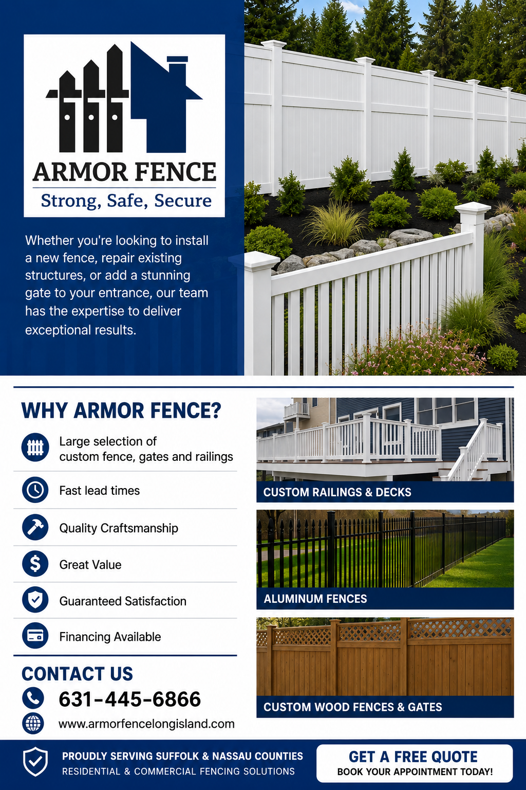 Advertisement for Armor Fence featuring a white vinyl fence, with text emphasizing their services including installation, repair, and custom designs. The ad highlights superior craftsmanship, fast lead times, and satisfaction guarantees, with images of different types of fences like custom railings, aluminum fences, and wood fences.