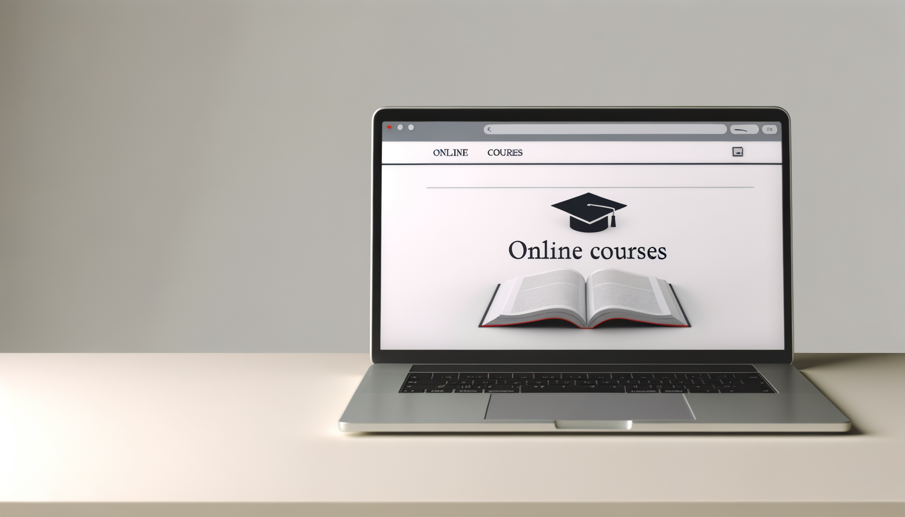 Laptop on a beige table displaying an online courses webpage with an open book, a graduation cap icon, and the text 'Online courses'