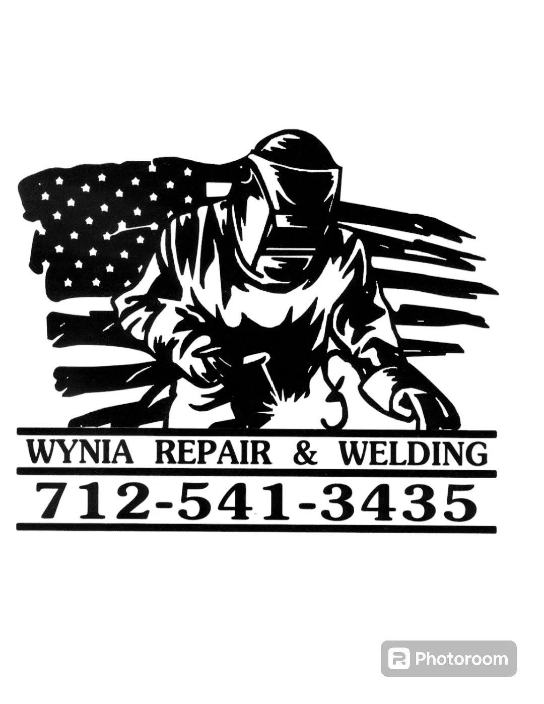 Black and white logo of a welder working with sparks flying, American flag in the background, with text "WYNIA REPAIR & WELDING" and phone number 712-541-3435.