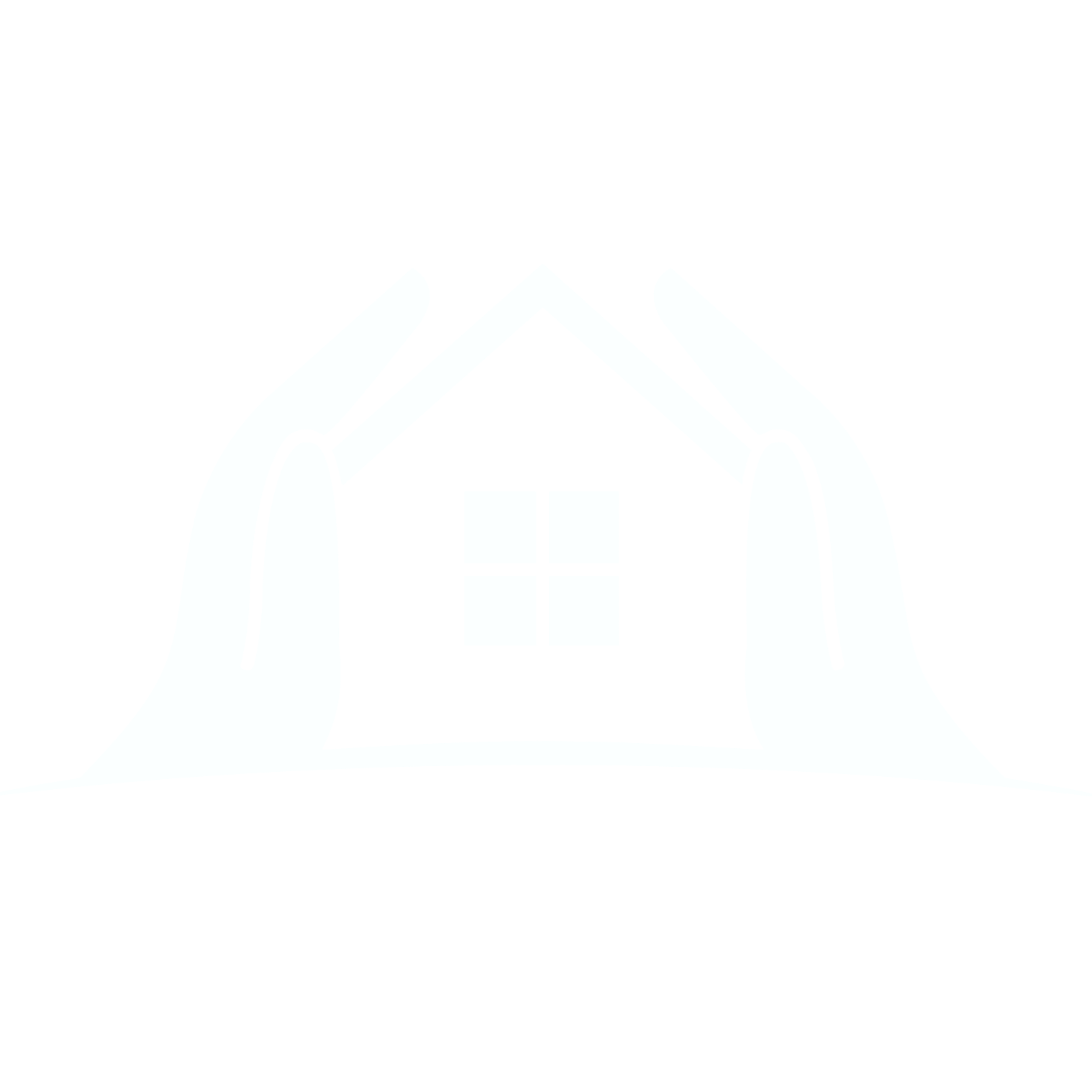 Black and white icon of two hands forming a roof over a small house with a chimney and window.