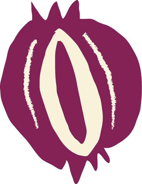 Stylized drawing of a purple flower with a white central petal and three small purple petal-like structures on top.