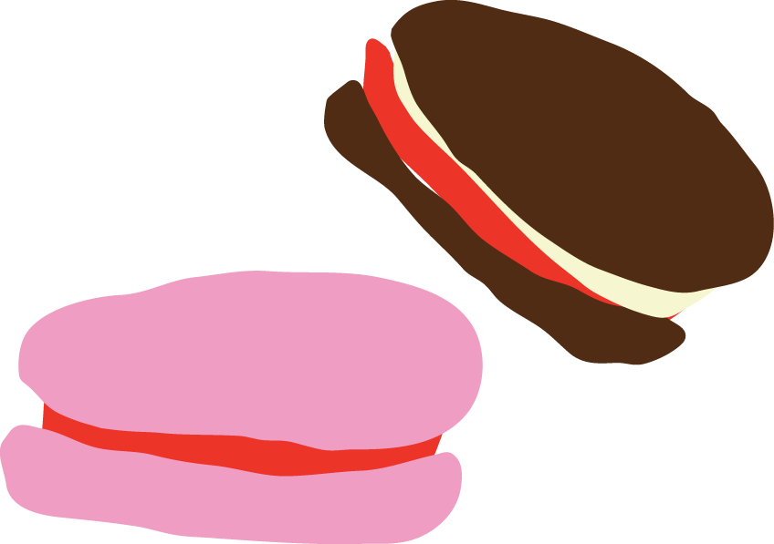Two illustrated sandwiches, one with pink bread and red filling, the other with brown bread, white and red fillings.