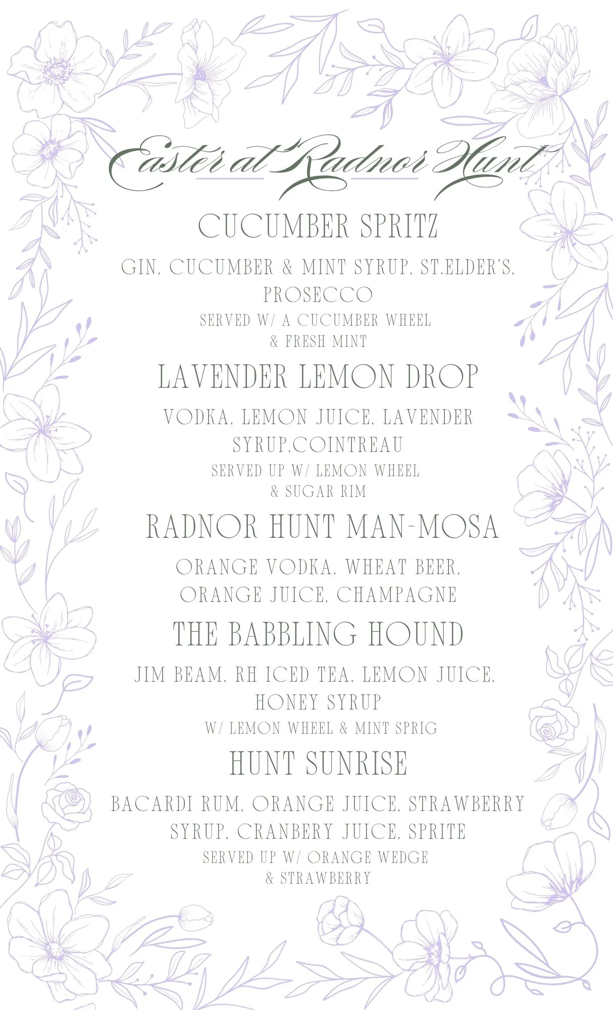 Easter-themed drink menu with floral border, featuring cocktails like Cucumber Spritz, Lavender Lemon Drop, Radnor Hunt Man-Mosa, Hunt Sunrise, and the Babbling Hound.