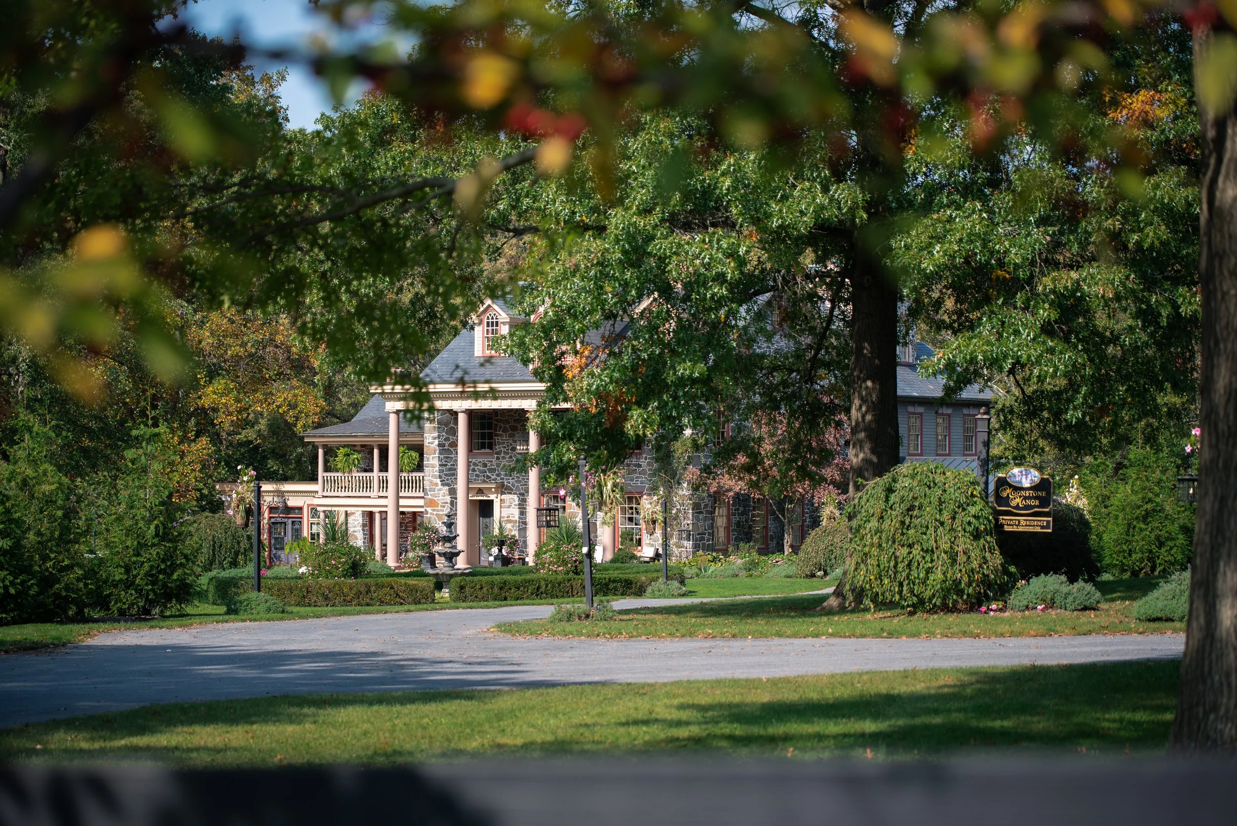 A house with a stone facade, pink columns, and a front porch surrounded by greenery and trees, viewed through a blurred foreground of leaves.
