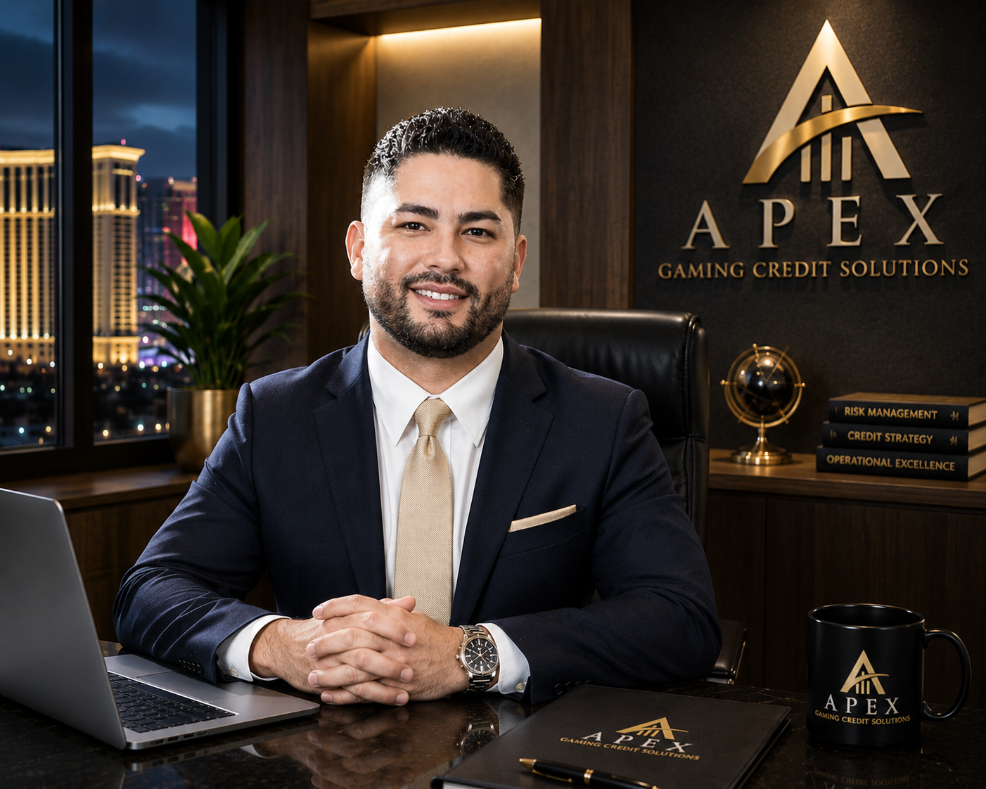 A man in a business suit sitting at a desk in an office with city buildings visible through the window behind him. The office has a sign that says 'Apex Gaming Credit Solutions' on the wall. The desk has a laptop, a black notebook with the Apex logo, a pen, and a black coffee mug with the Apex logo. There are also books on the desk labeled 'Risk Management,' 'Credit Strategy,' and 'Operational Excellence.' A green plant is near the window.