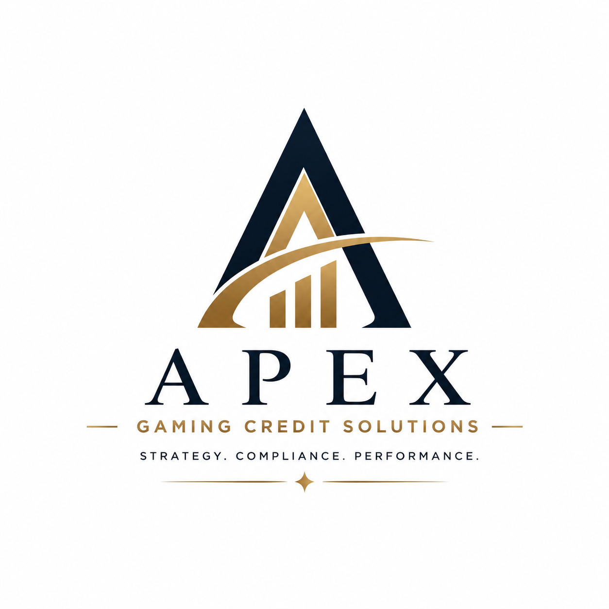 Logo for Apex Gaming Credit Solutions featuring a stylized letter 'A' with gold and black colors, and the tagline 'Strategy. Compliance. Performance.'