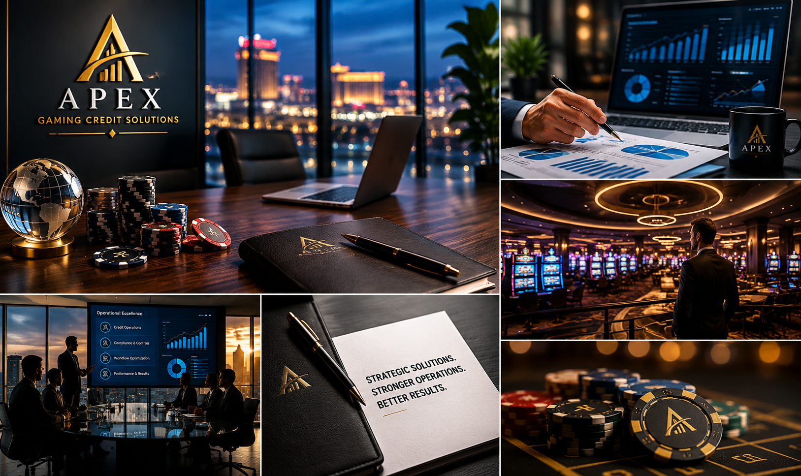 Collage of images related to casino business and gaming solutions, including poker chips, a laptop, a meeting room with people, and promotional materials for Apex Gaming Credit Solutions.