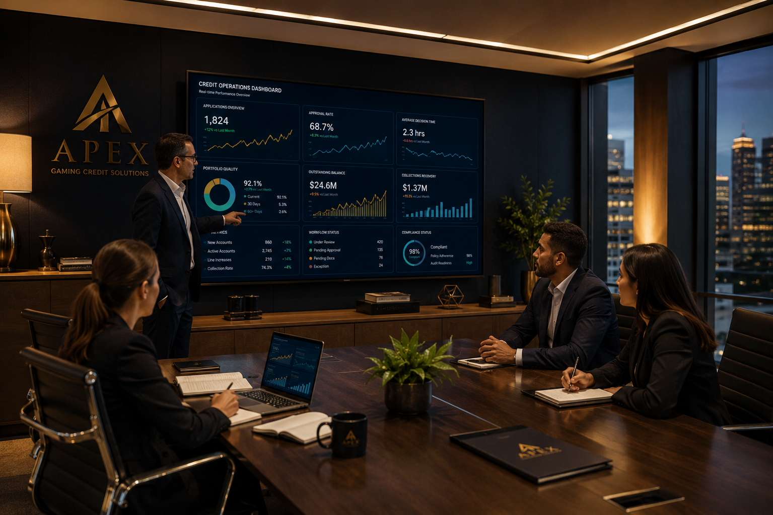 Business meeting in a modern conference room with four people, one standing and presenting data on a large screen, others seated taking notes. The screen displays a dashboard with financial and performance metrics.