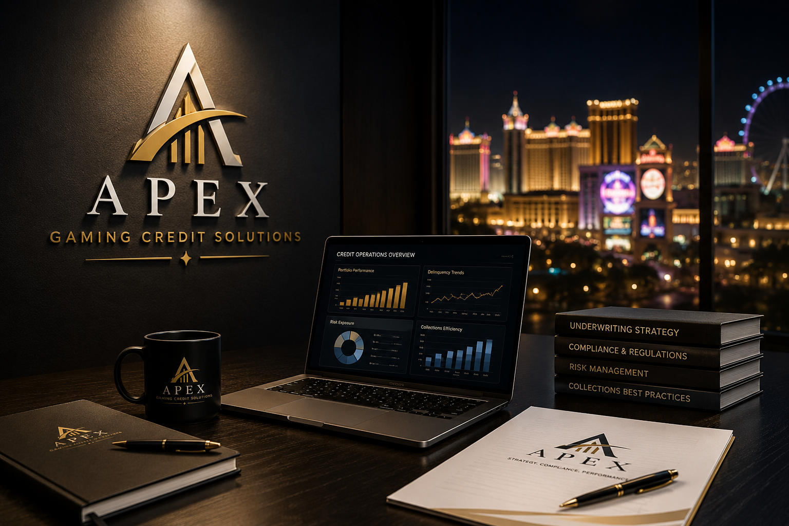Office workspace with Apex Gaming Credit Solutions branding, a laptop displaying financial analytics, stacked books on underwriting, compliance, risk management, and collections, a coffee mug, notebooks, and pens with a city skyline at night in the background.