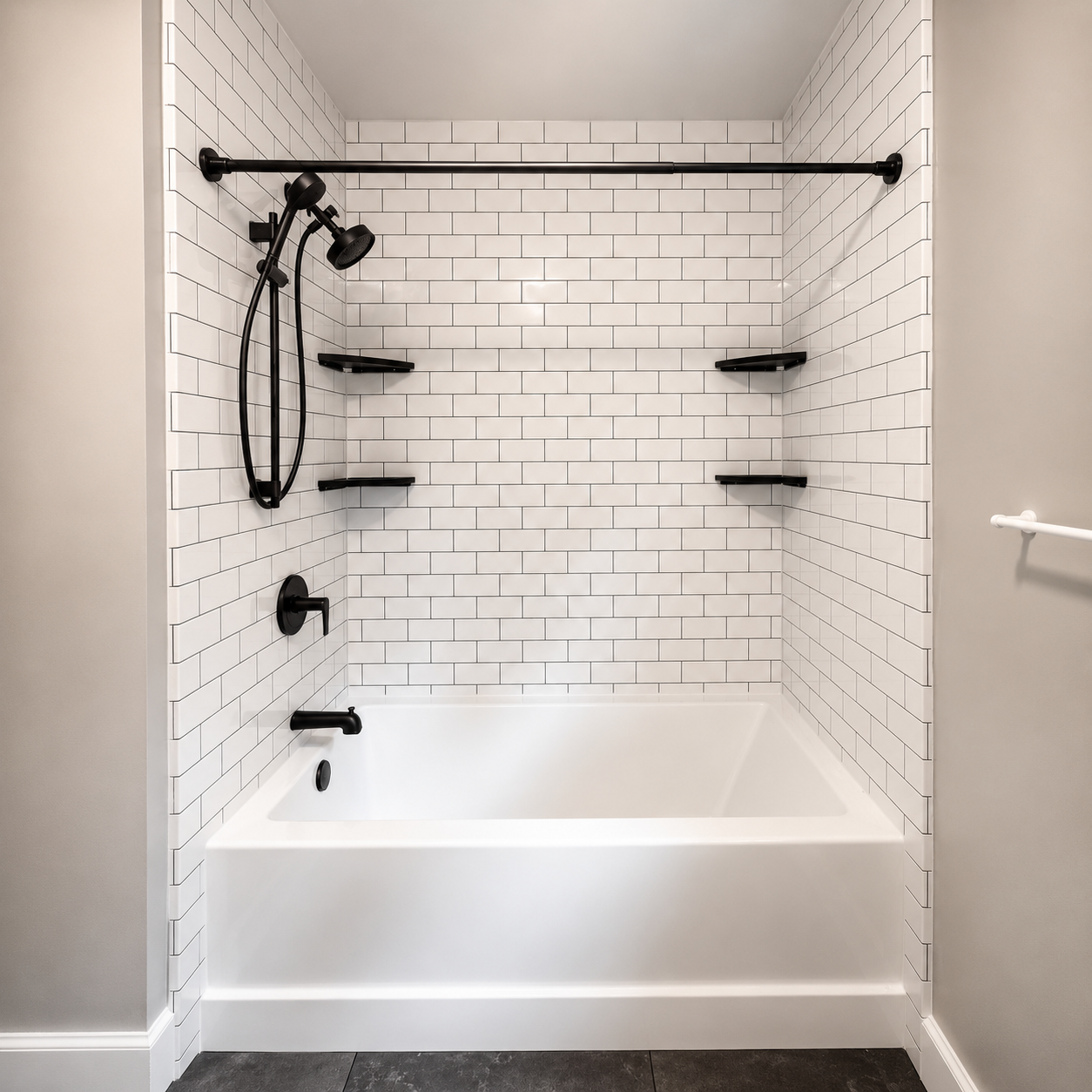 Modern bathroom shower with white subway tile walls, black fixtures, a bathtub, and a black showerhead with adjustable spray and handheld options.