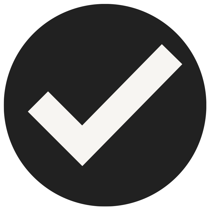 White check mark icon on a black circular background.
