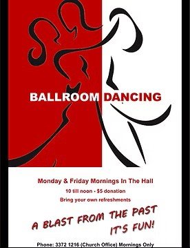 Poster advertising ballroom dancing classes on Monday and Friday mornings with a red and black abstract dance silhouette and event details