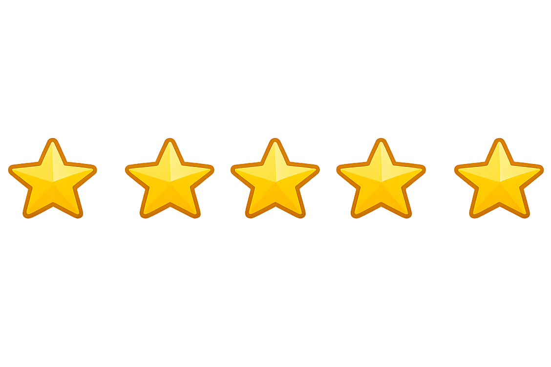 Five gold stars arranged in a row, with a black background and reflections below.