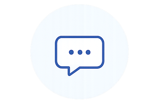 Blue speech bubble icon with three dots inside, on a white background.
