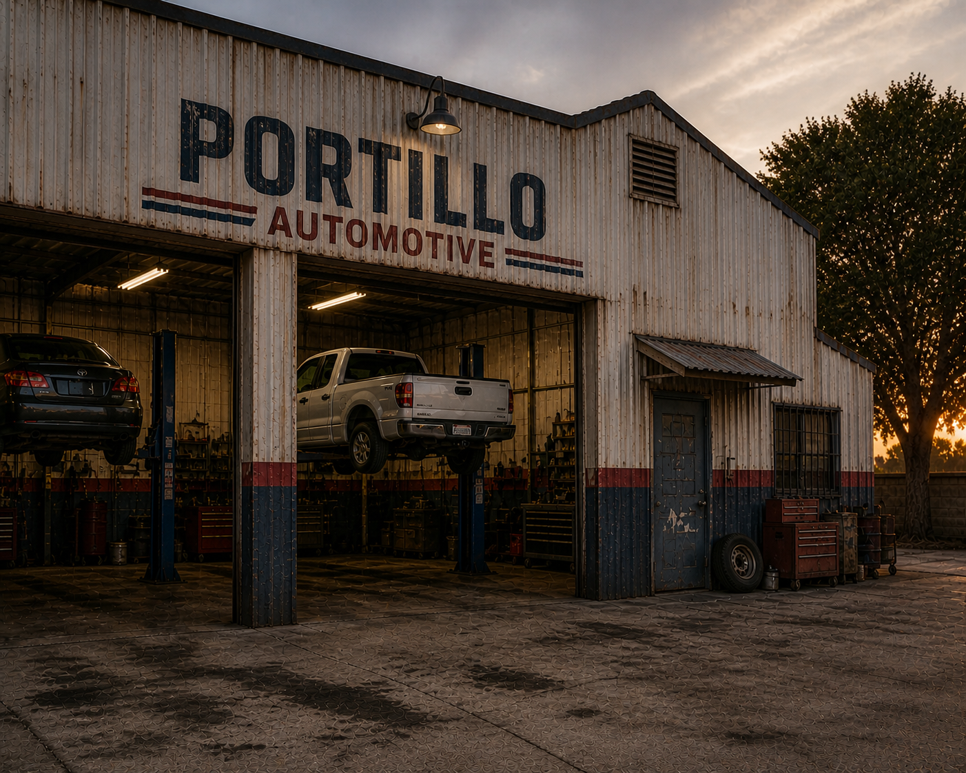 An open automotive repair shop near me named 'Portillo Automotive' at sunset with two vehicles on lifts, tools and equipment inside, and a tree outside.