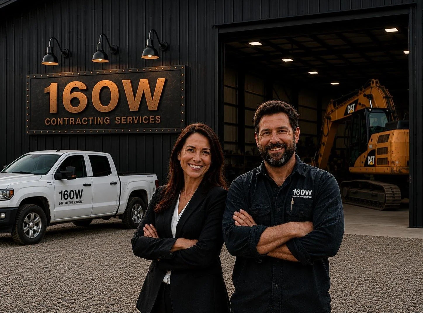 Two smiling professionals, a woman and a man, standing in front of a building with a large sign that reads "160W Contracting Services." The woman is dressed in a black blazer and white blouse, and the man is wearing a black work shirt with the company name and logo. A white pickup truck with the company branding and a yellow building excavator are visible in the background.