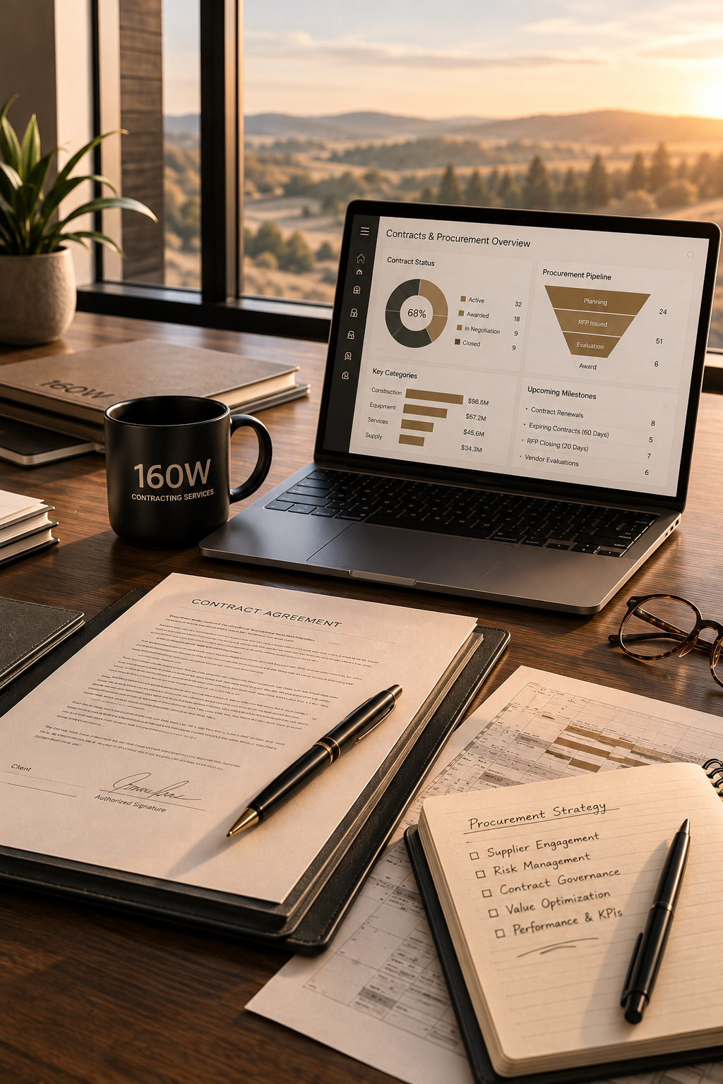 Contract management and procurement documents displayed on a laptop workspace representing 160W Contracting Services Inc.