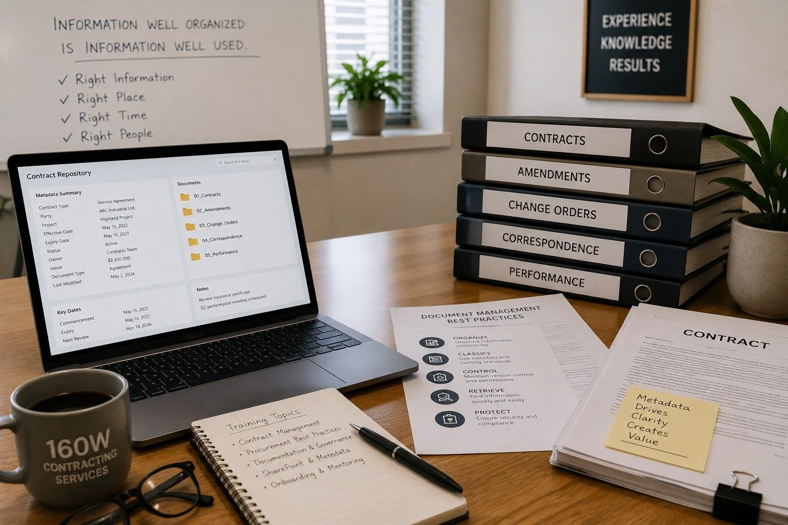 Contract management professional workspace showing project documents and procurement materials for 160W Contracting Services Inc.