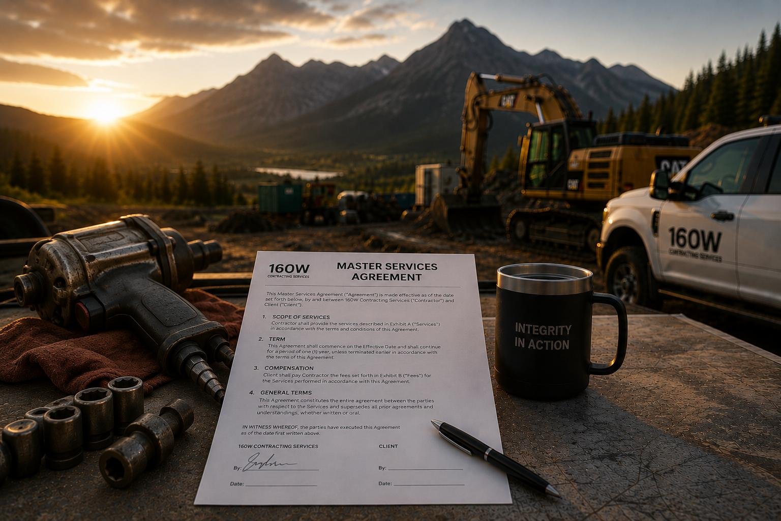 A construction site during sunset with mountains and trees in the background. On a table in the foreground, there is a power tool, a master services agreement document, a mug with the phrase 'Integrity in Action,' and some socket tools. Construction vehicles, including a Caterpillar excavator and a truck with a logo '160W,' are visible behind the table.