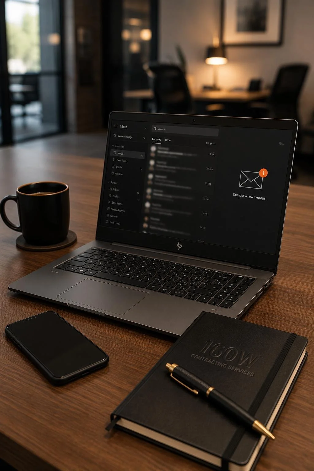 Close-up of a laptop on a wooden desk showing an email inbox with a new message notification, alongside a black coffee mug, a smartphone, a black notebook with a gold pen, in a modern office setting.