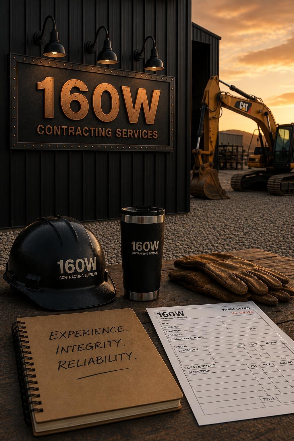 Construction site with a sign for 160W contracting services, a black safety helmet, tumbler, and leather gloves on a wooden table, with an excavator and sunset in the background.
