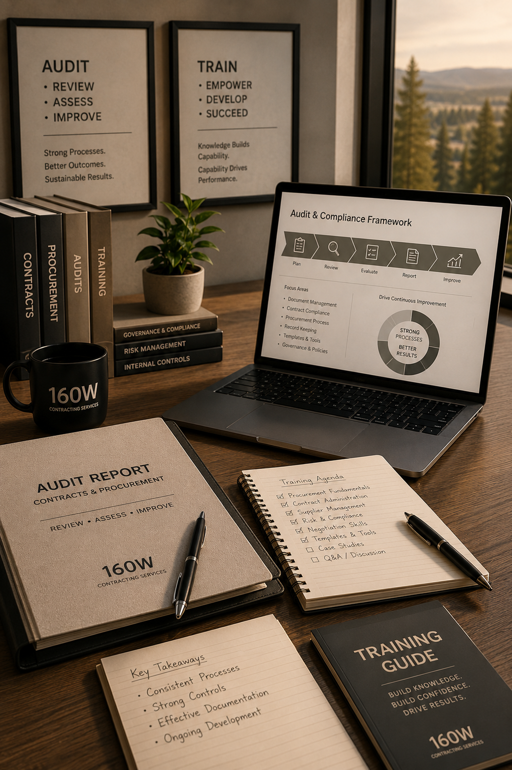 Contract management and procurement documents displayed on a laptop workspace representing 160W Contracting Services Inc.