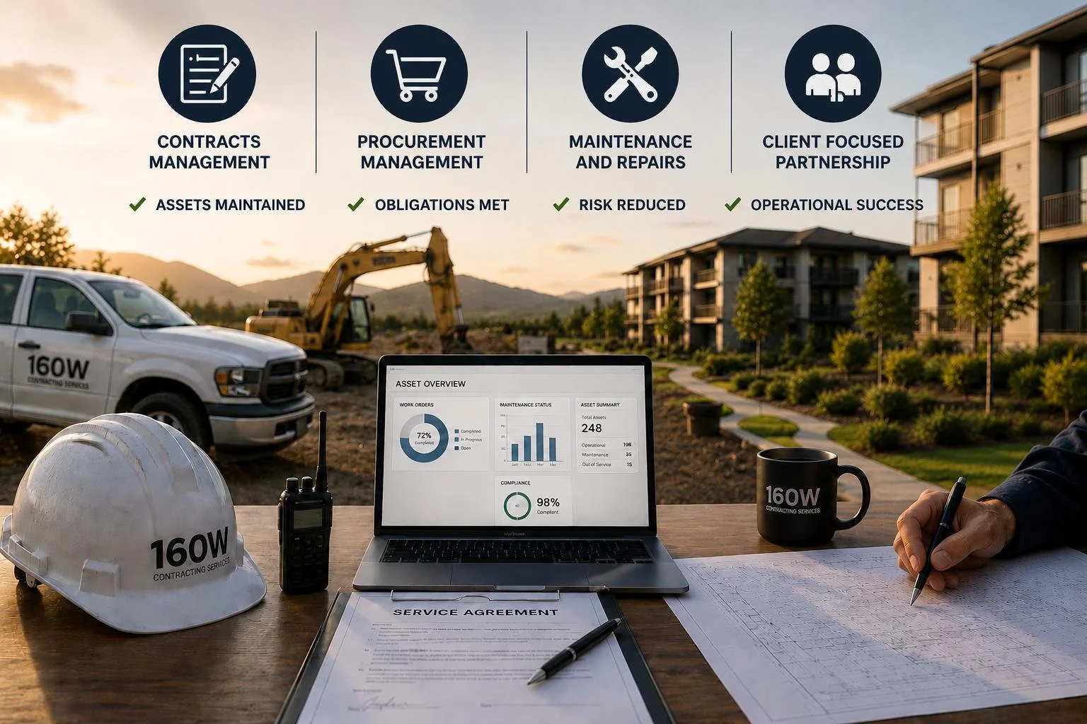 Construction site at sunset with truck and excavator, at table with construction helmet, walkie-talkie, laptop displaying asset management data, service agreement, pen, and coffee mug, with overlay showing management services for contracts, procurement, maintenance, and partnerships.